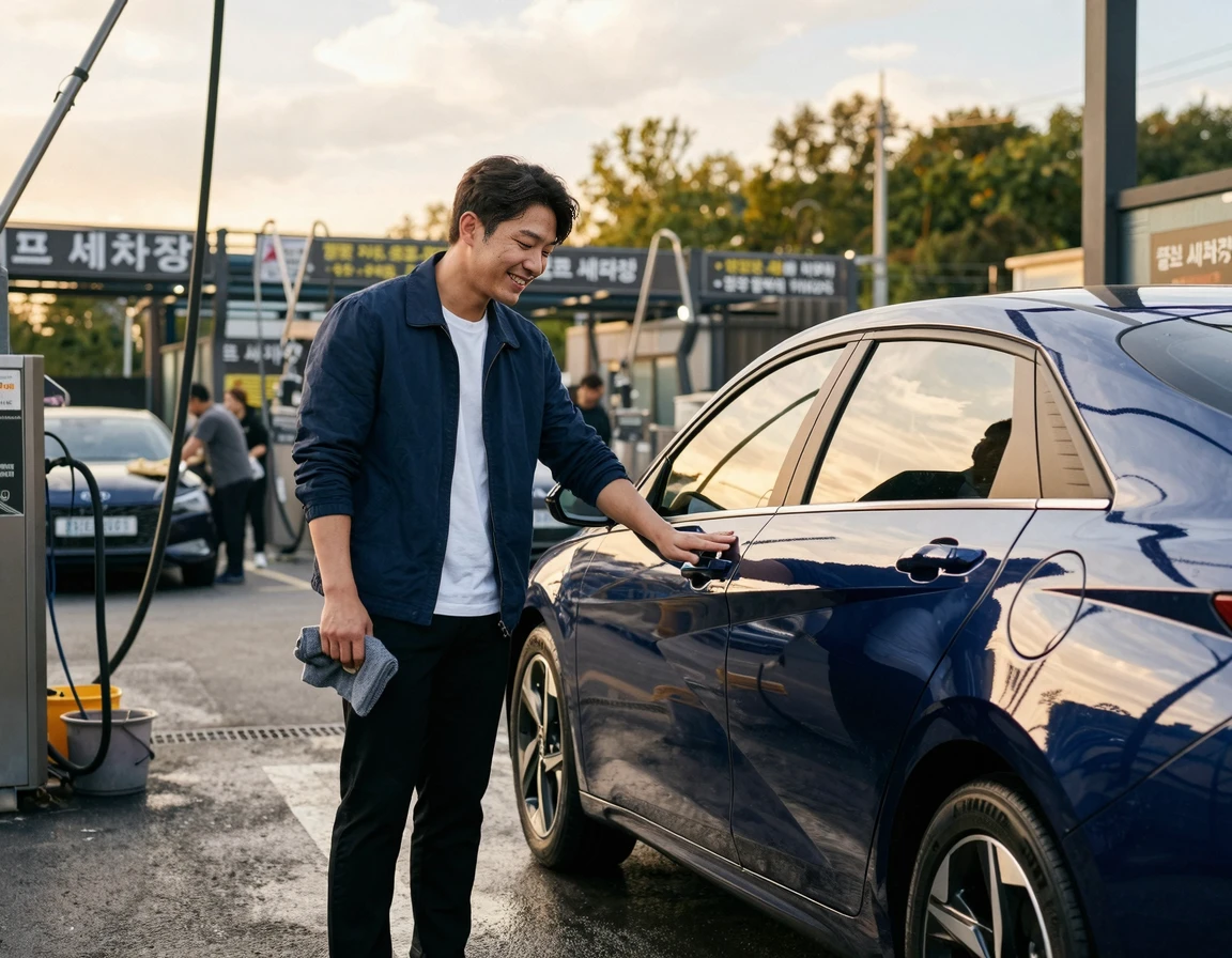 깨끗해진 차를 확인하는 남성