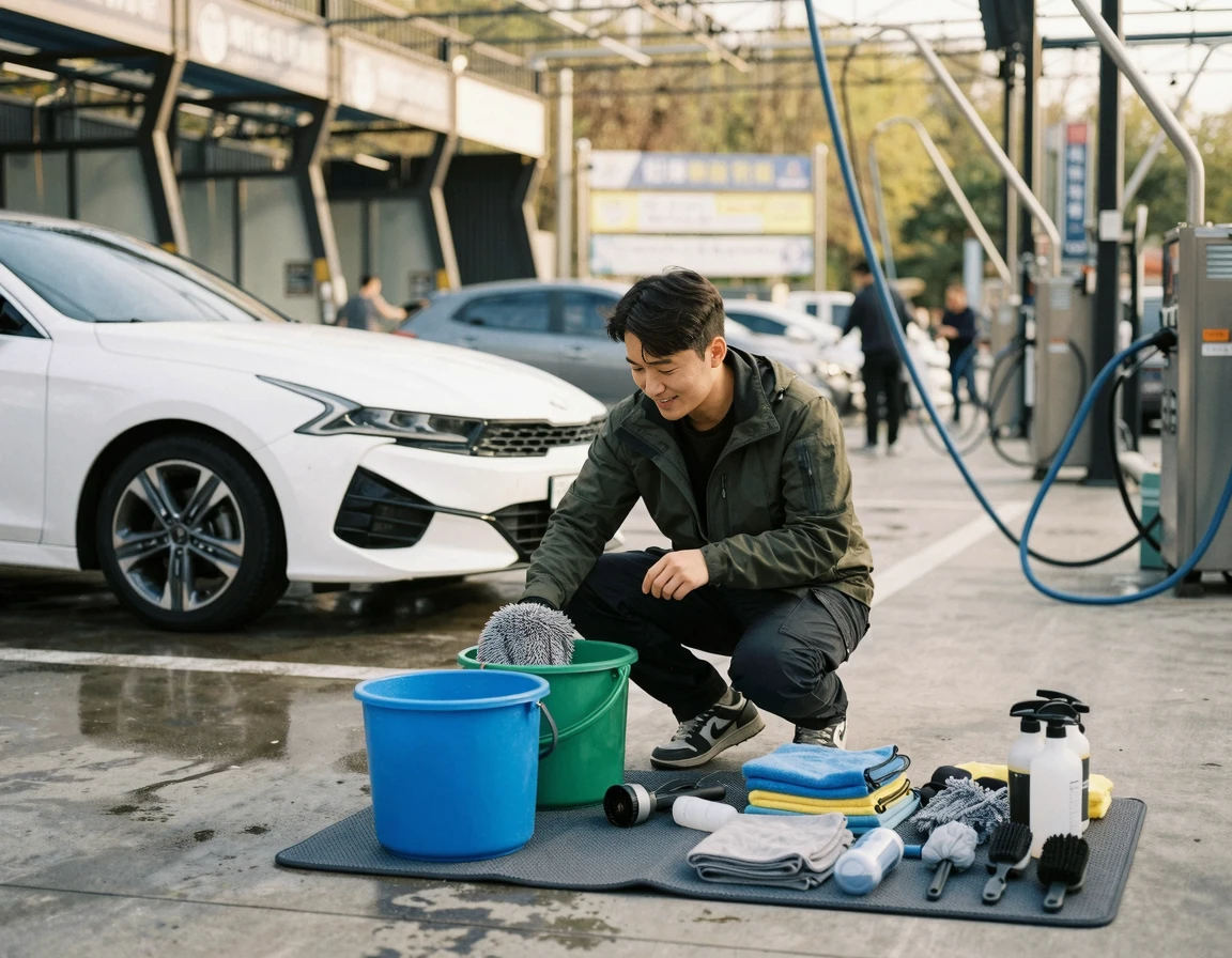 셀프 세차 준비물을 확인하는 남성