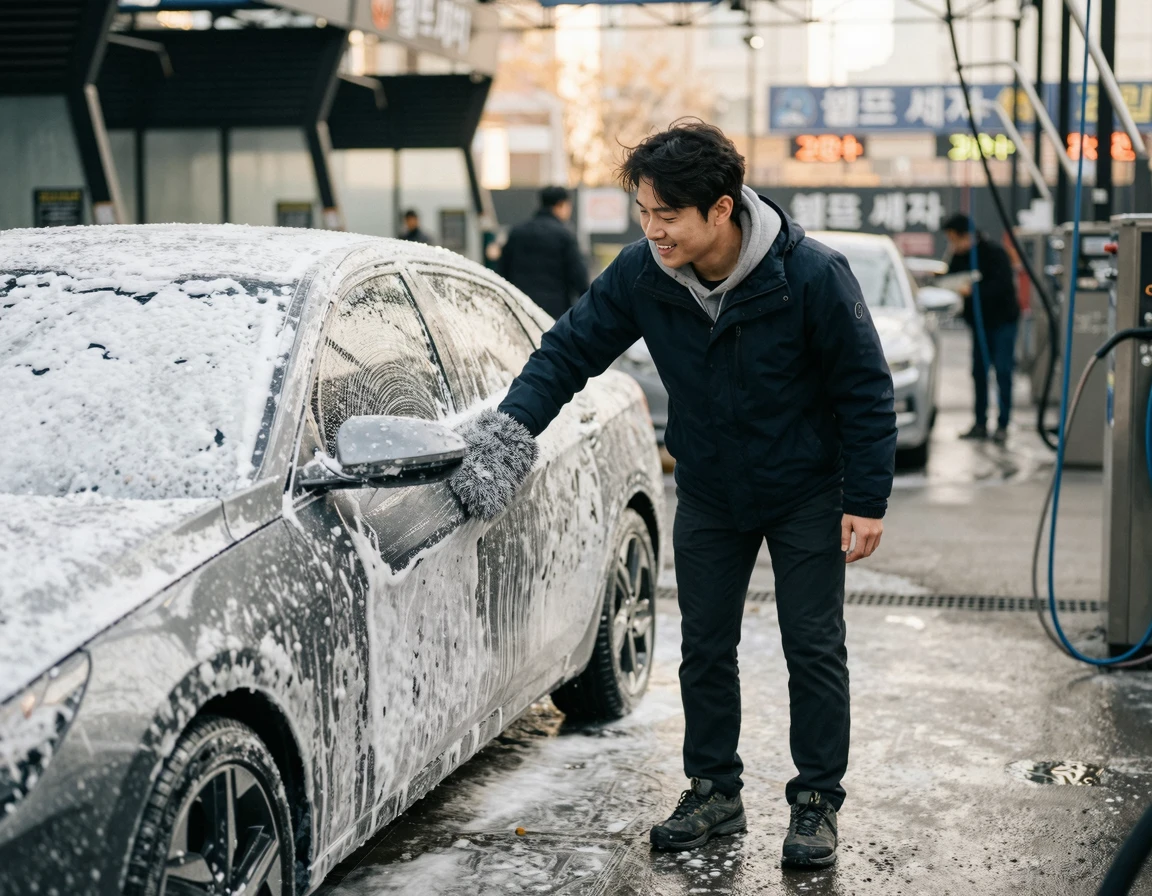 스노우폼을 덮고 미트질을 하는 남성