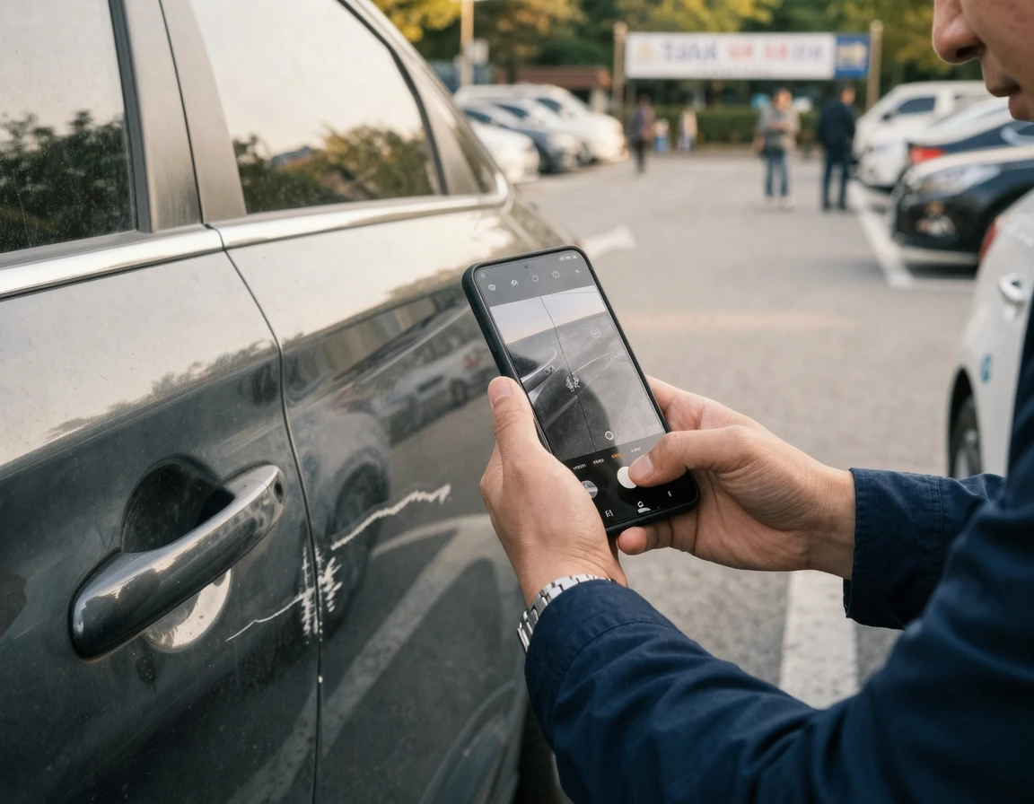 물피도주 후에 스마트폰으로 차량 파손 부위를 촬영하는 모습
