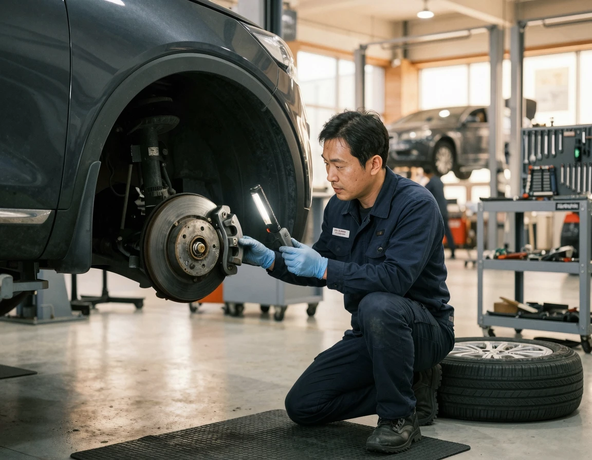 자동차 브레이크 디스크를 점검하는 정비사
