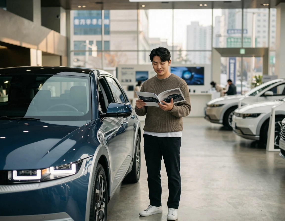 자동차 대리점에서 장기렌트카를 구경하는 20대 한국 남성