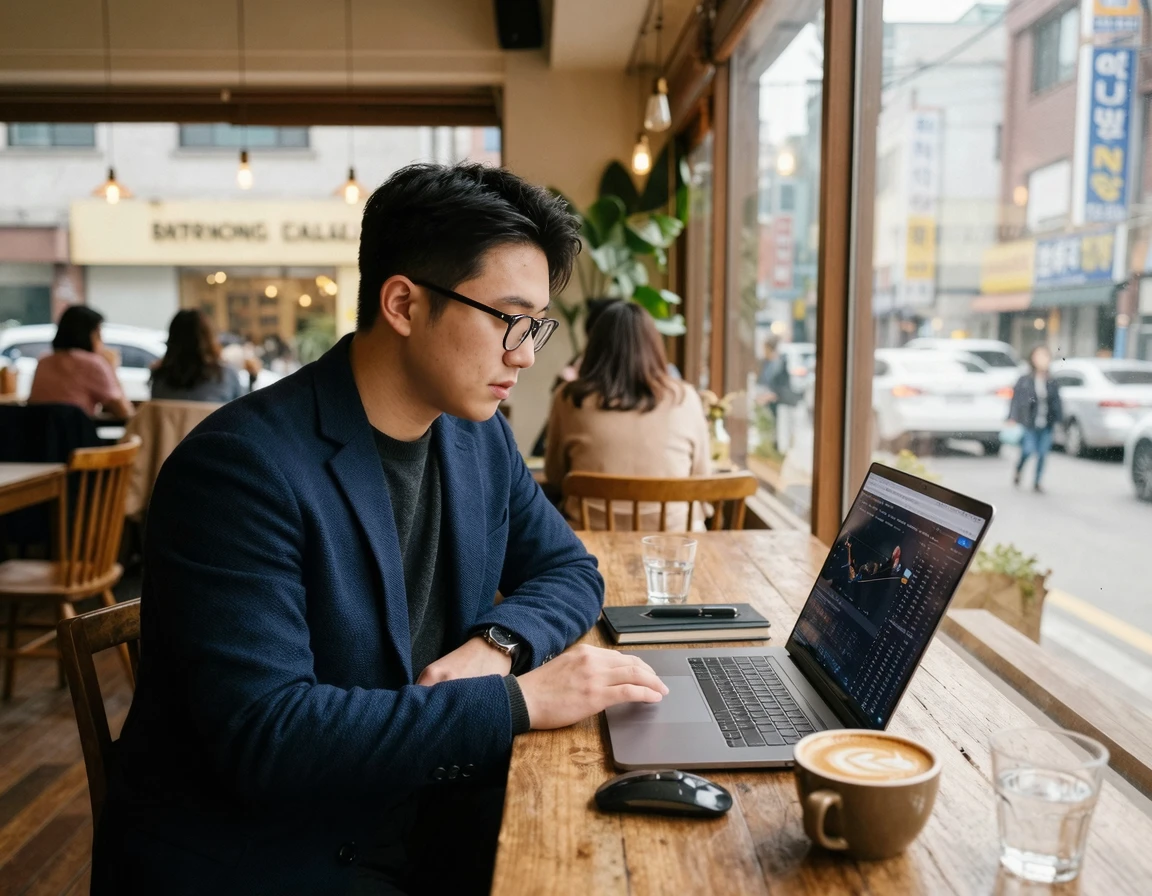 카페에서 노트북으로 차량 유지비를 계산하는 20대 남성