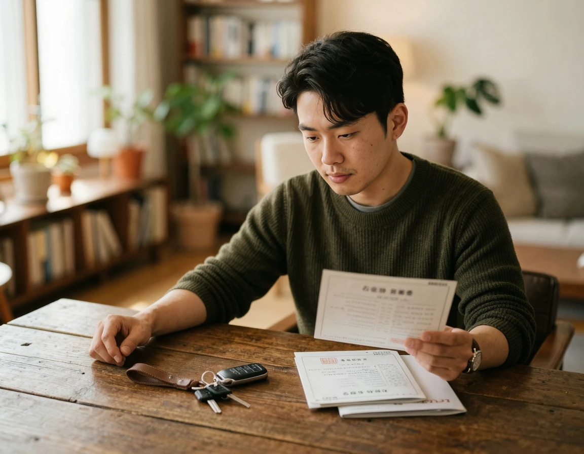 자동차 명의 이전 서류를 확인하는 모습