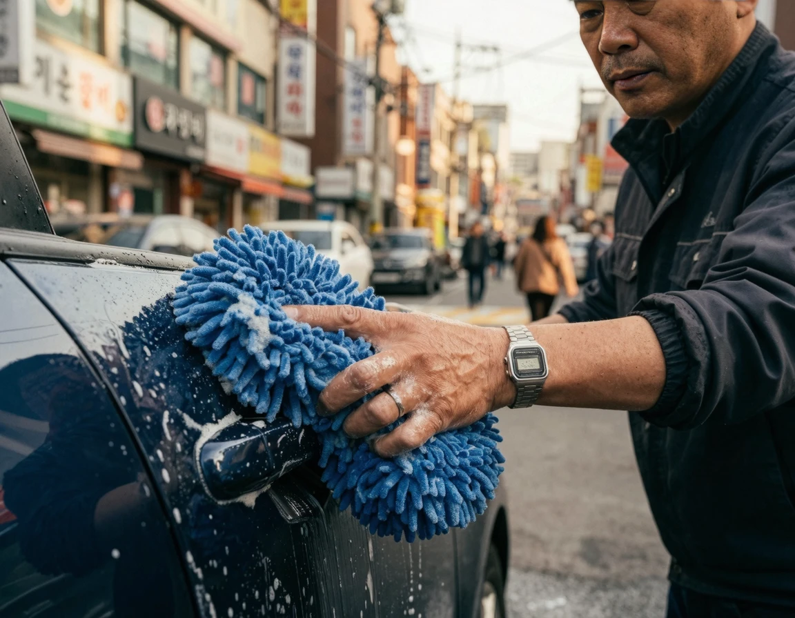 스크래치 부위를 스펀지로 세척하는 모습