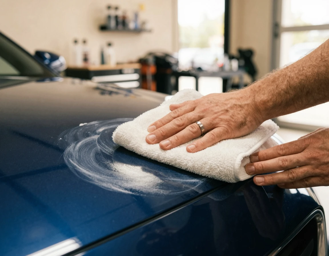 극세사 타월로 잔기스 제거를 위해 컴파운드를 바르는 모습