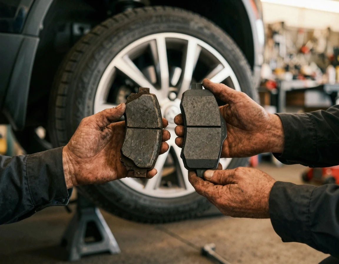 새 브레이크 패드와 마모된 패드 비교