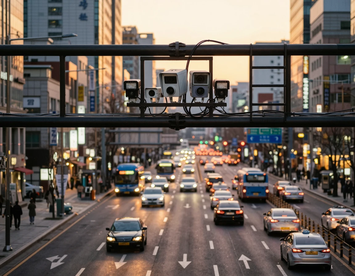 한국 도심 도로에 설치된 차량 단속 카메라