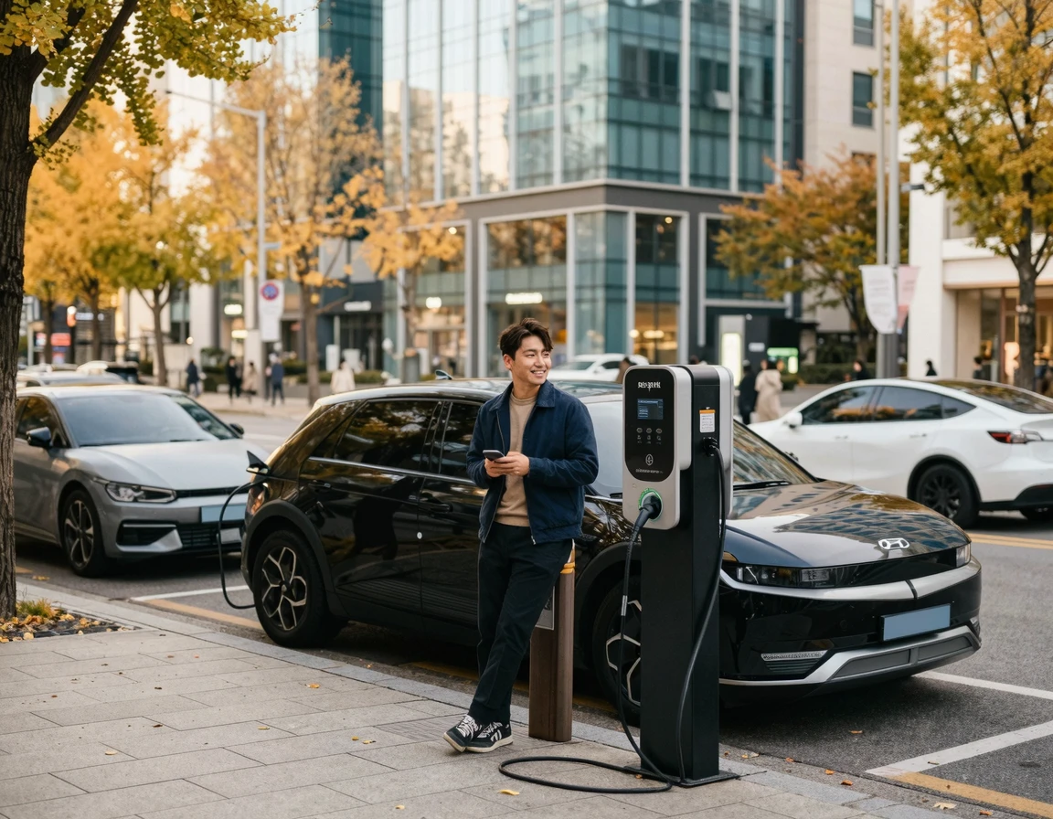 한국의 전기차 충전소에서 충전 중인 친환경 차량