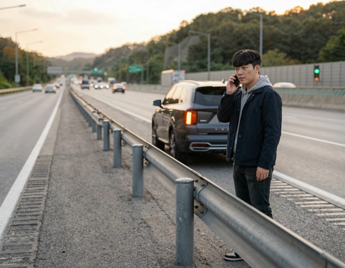 갓길 가드레일 밖에서 긴급출동을 부르는 한국인 남성