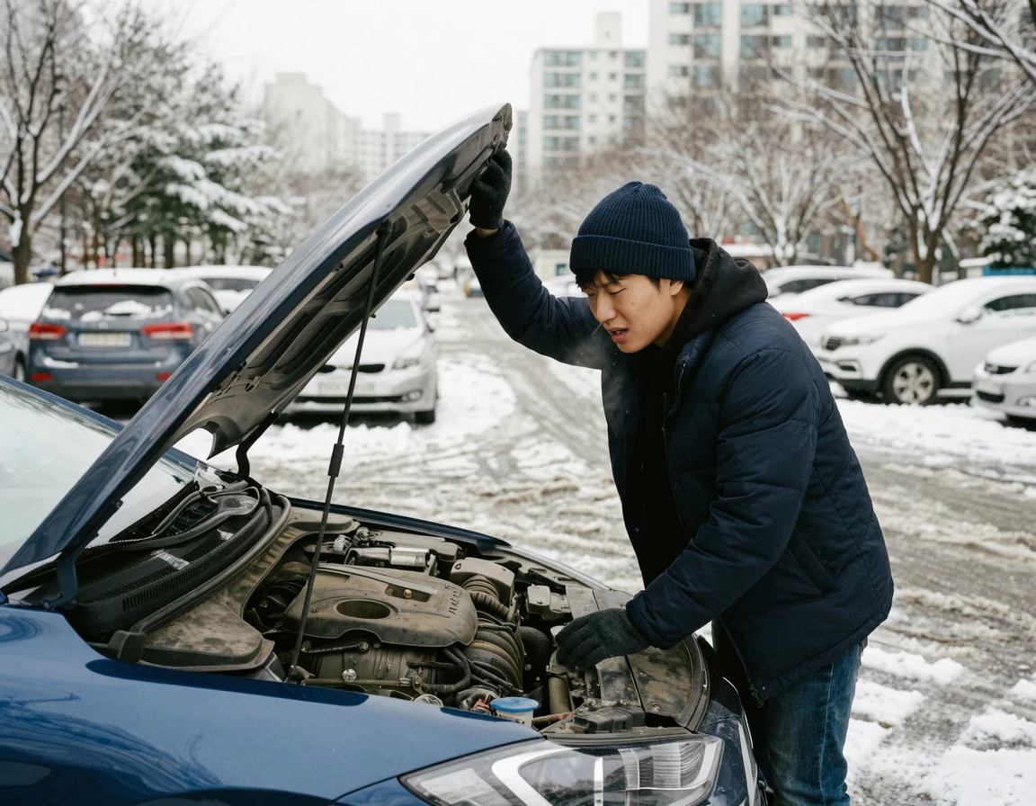 겨울철 야외 주차장에서 본넷을 열고 방전된 배터리를 확인하는 모습