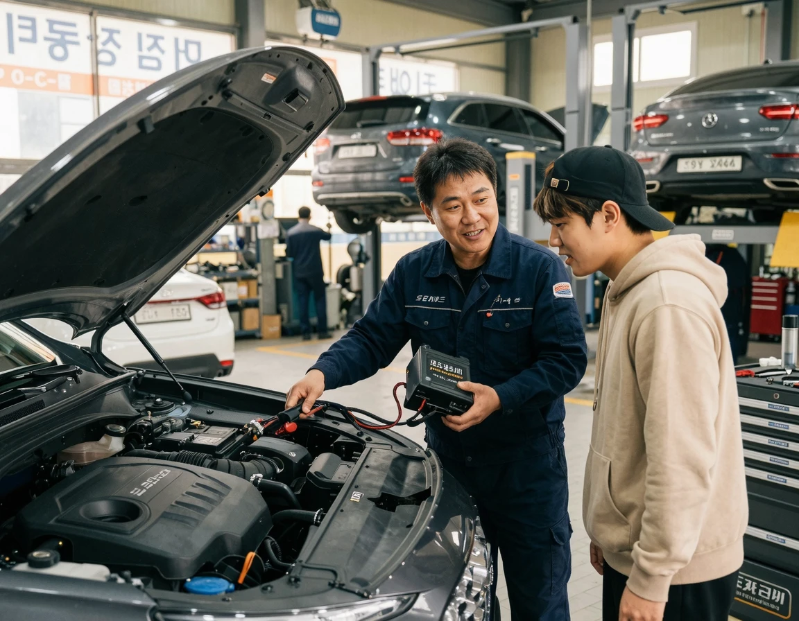 깔끔한 정비소에서 정비사에게 블랙박스와 보조배터리 설치 상담을 받는 모습