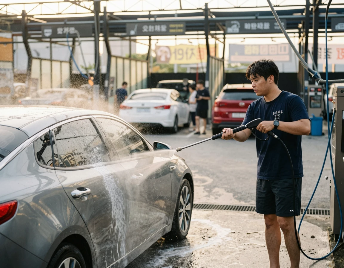 셀프 세차장에서 고압수로 세차하는 모습