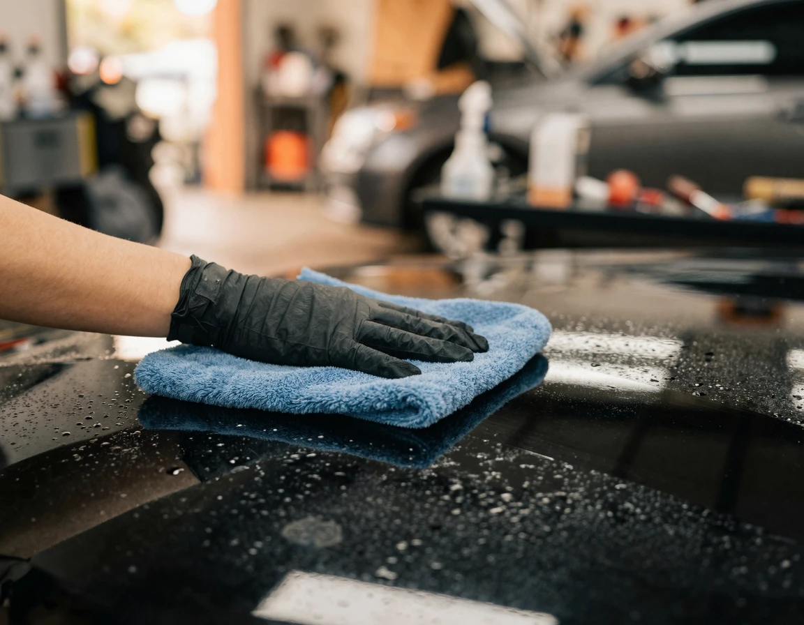 극세사 타월로 도장면의 워터스팟을 지우는 모습