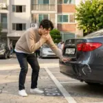 자동차 범퍼 스크래치를 보며 고민하는 20대 남성