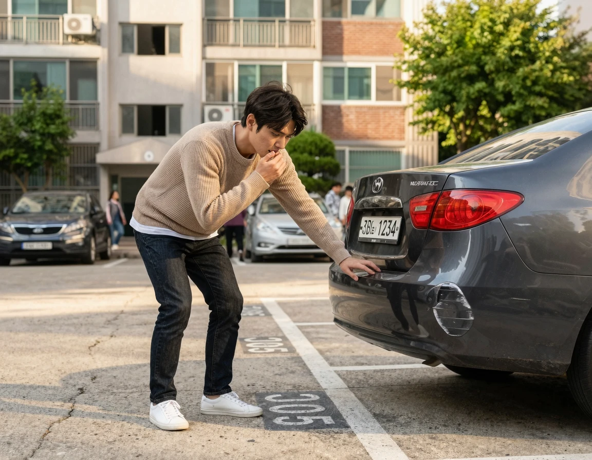 자동차 범퍼 스크래치를 보며 고민하는 20대 남성