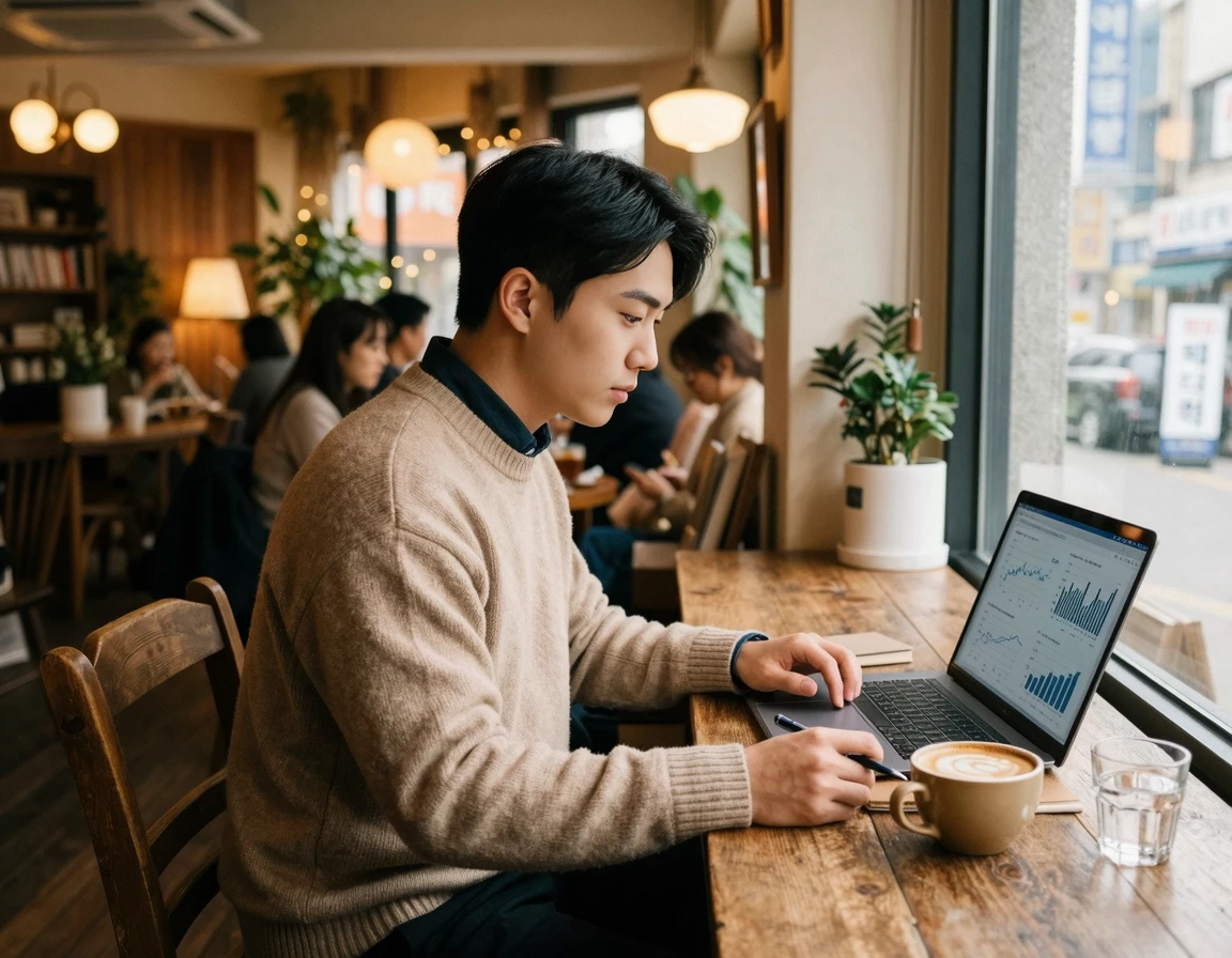 노트북으로 보조금 비교표를 확인하는 한국 남성