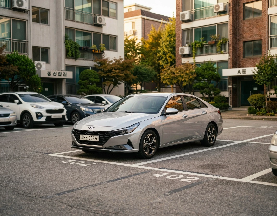 주택가 주차장에 세워진 깔끔한 은색 아반떼 중고차