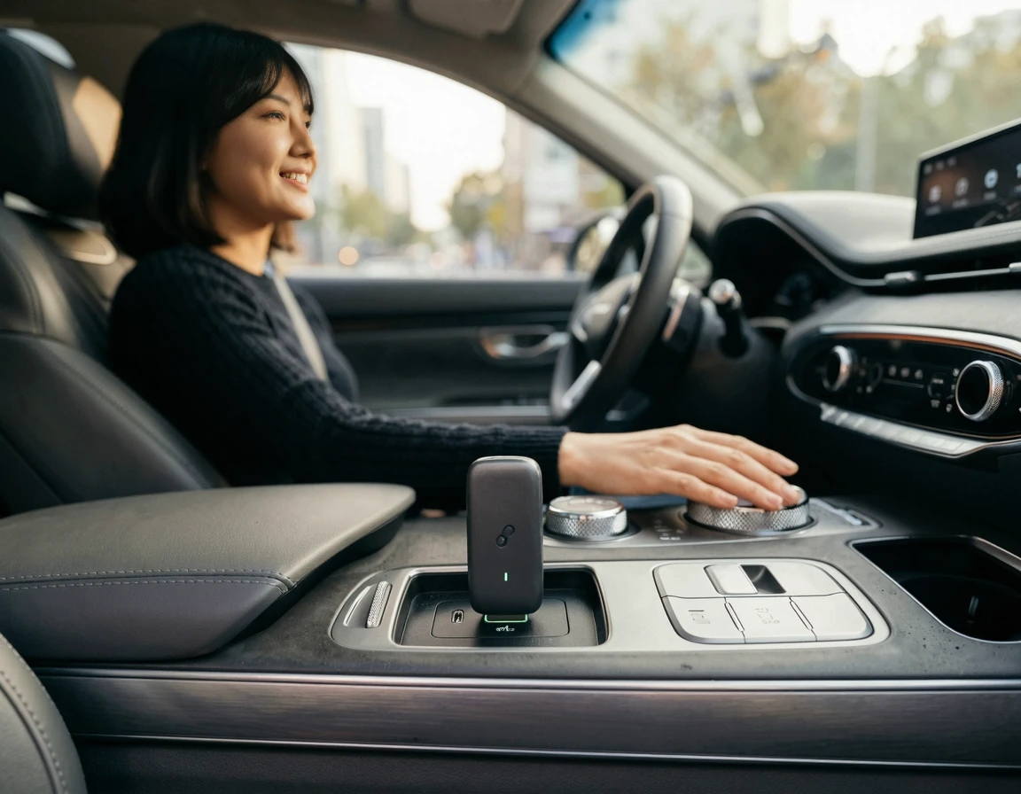 차량 센터 콘솔에 장착된 깔끔한 디자인의 무선 동글