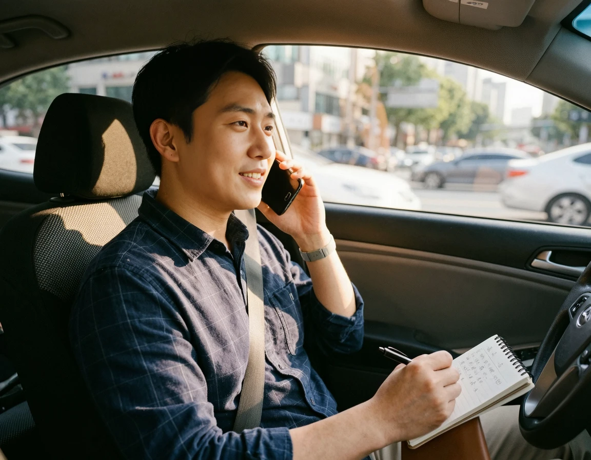 차 안에서 콜센터에 전화하여 안내를 받는 모습