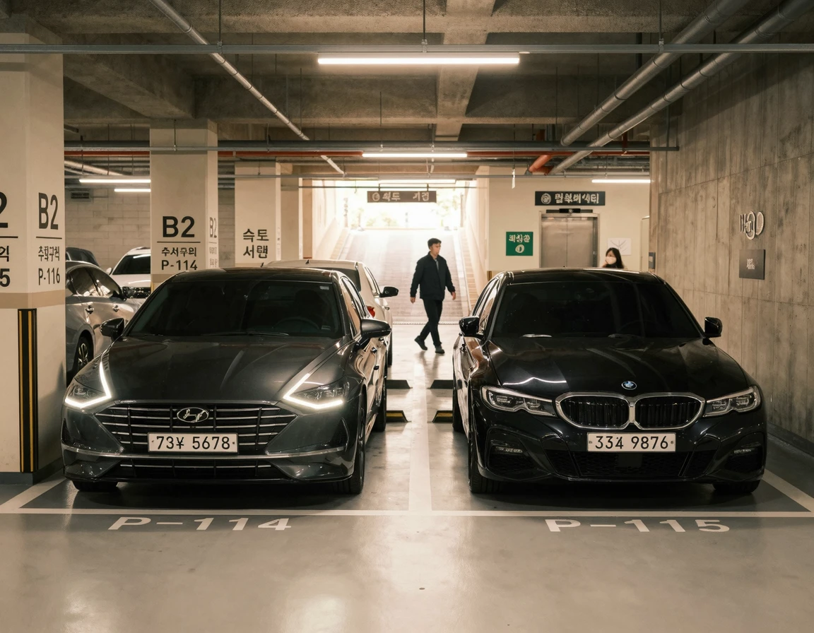 지하 주차장에 나란히 주차된 소나타와 BMW 3시리즈