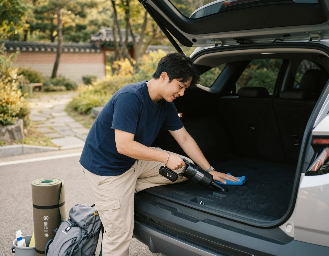 차박 매트 설치 전 트렁크 정리 모습