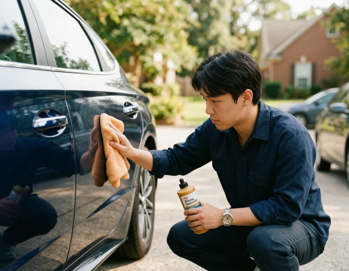 극세사 타월로 컴파운드를 부드럽게 문지르는 한국 남성