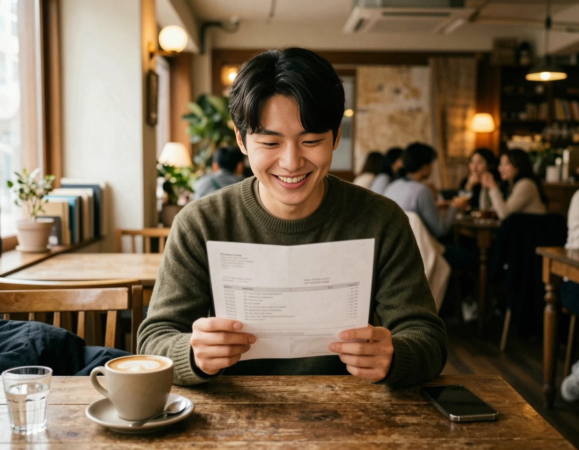 사설 정비소 명세서를 보며 안도하는 젊은 남성