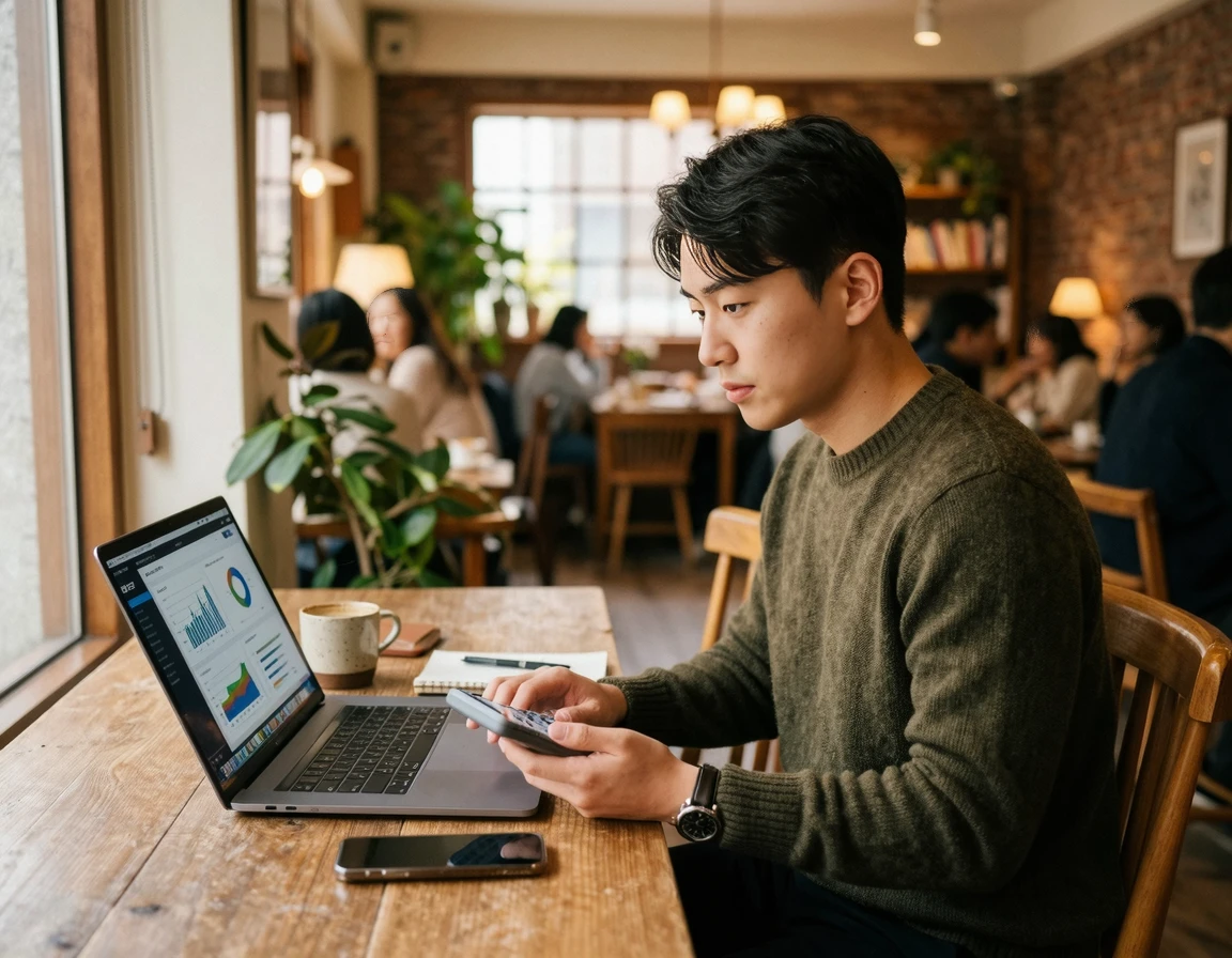 카페에서 노트북과 계산기로 중고차 유지비와 보험료를 계산하는 20대 남성