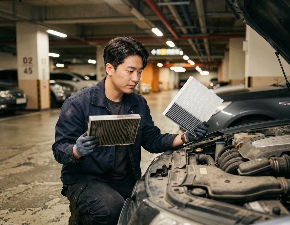 새 에어컨 필터와 오염된 필터를 들고 교체하는 모습