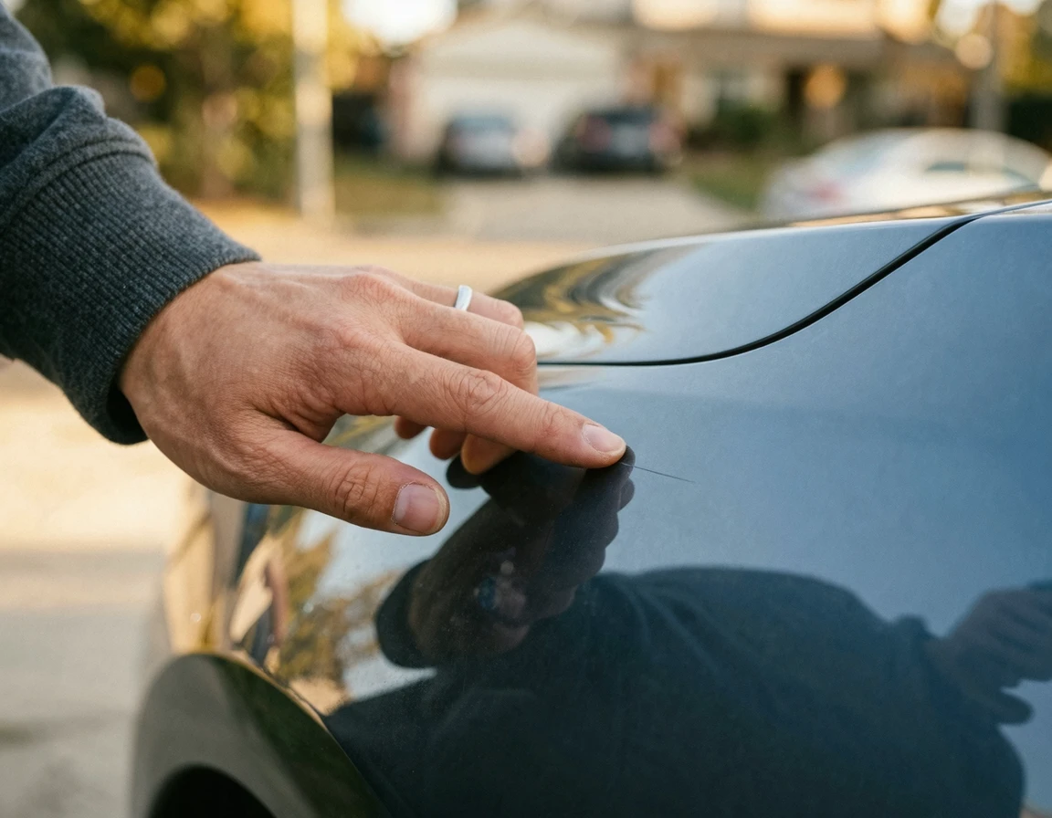 손톱으로 자동차 도장면 스크래치 깊이를 확인하는 모습