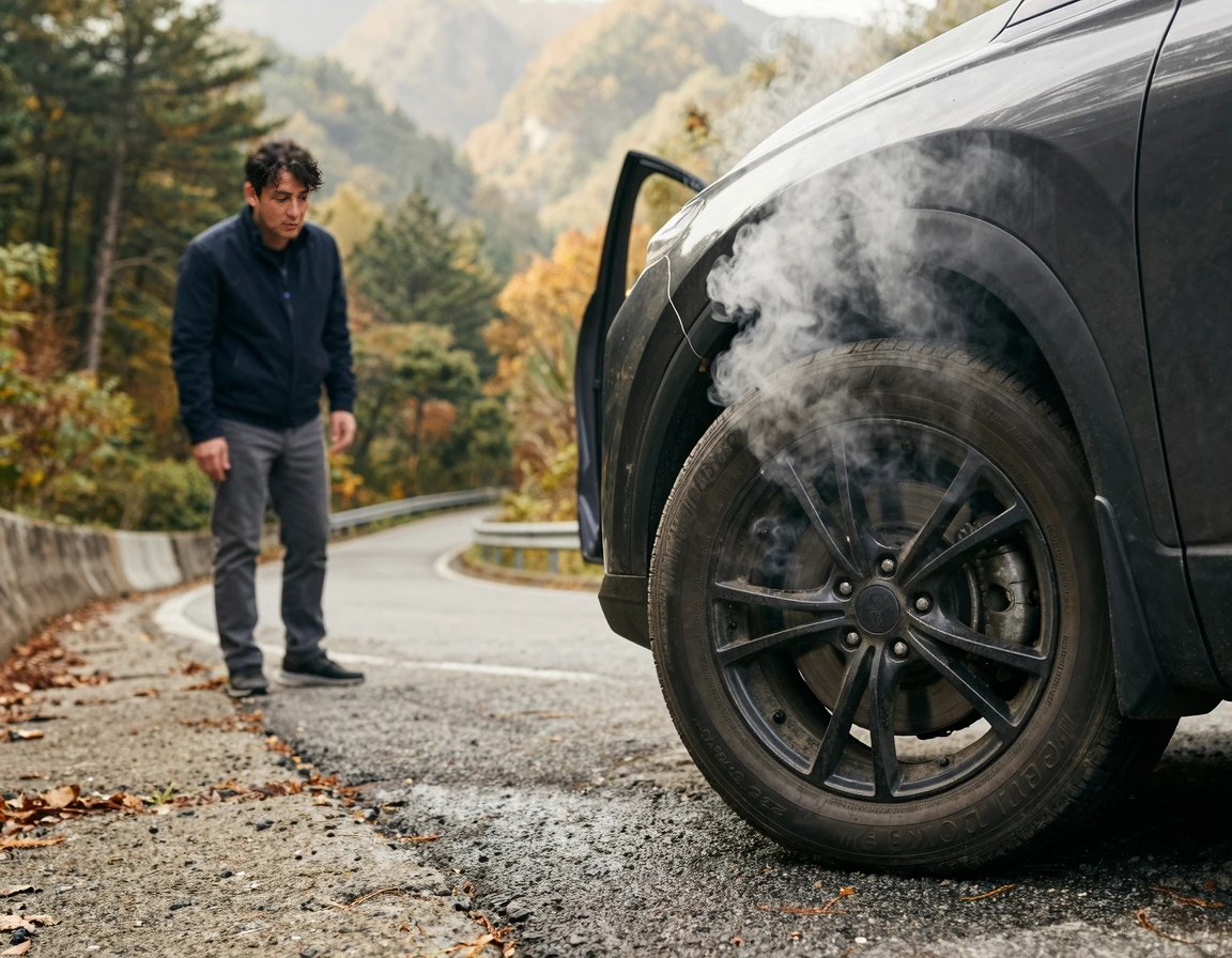 산길에서 마찰열로 인해 연기가 피어오르는 자동차 브레이크 디스크