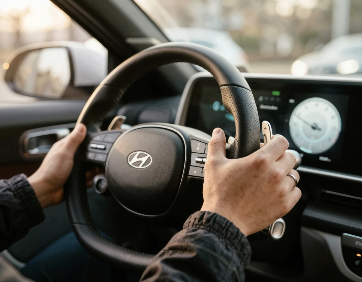자동차 스티어링 휠 뒤의 패들시프트를 조작하는 한국인 운전자의 손