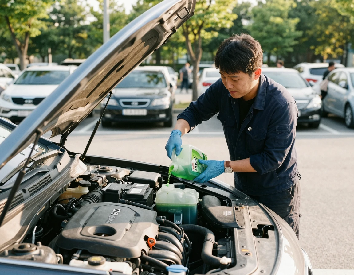 자동차 엔진룸 보조 탱크에 냉각수를 보충하는 모습