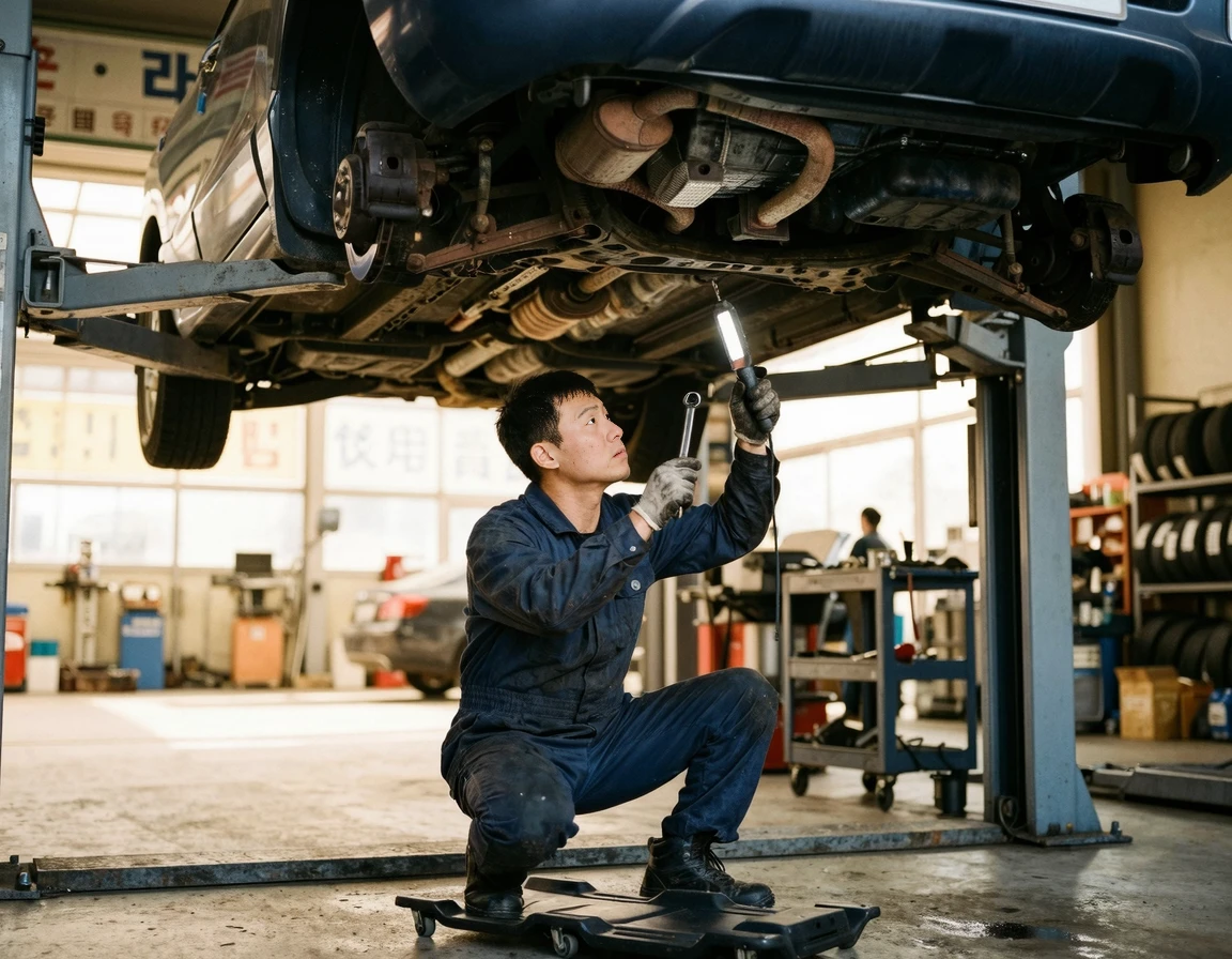 정비소에서 자동차 하부를 점검하는 정비사