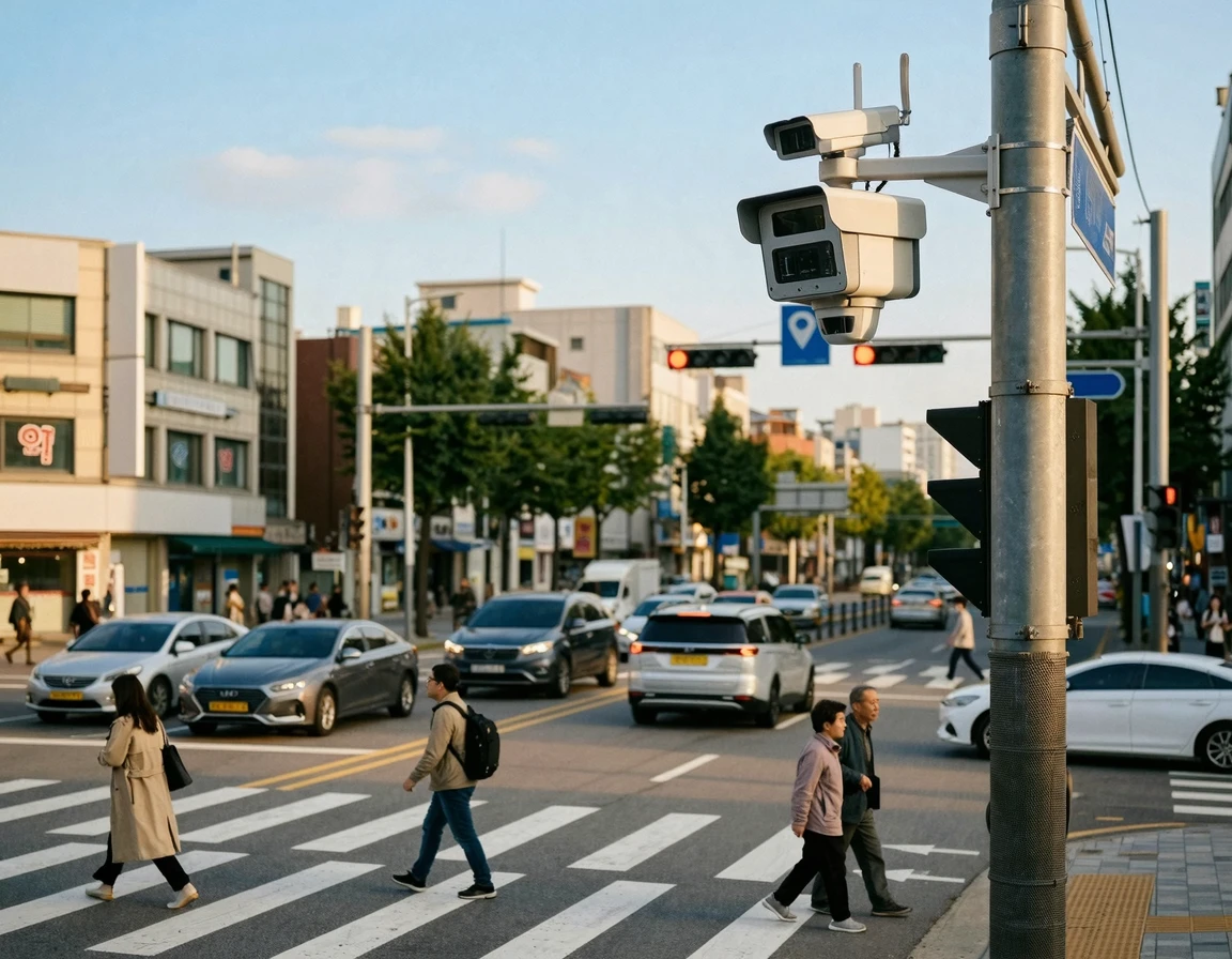 한국 교차로에 설치된 AI 단속 카메라