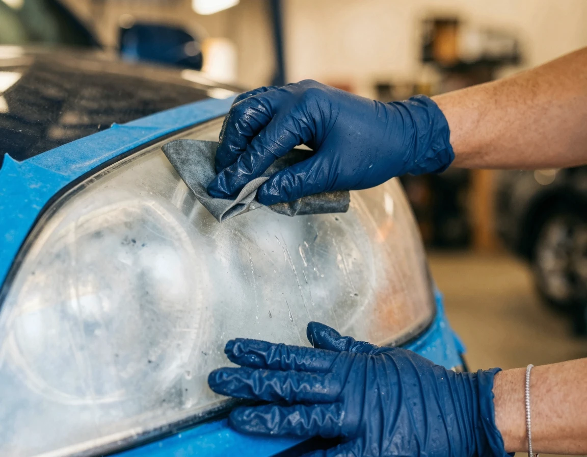 마스킹 테이프를 붙이고 물사포질로 헤드라이트를 닦아내는 모습