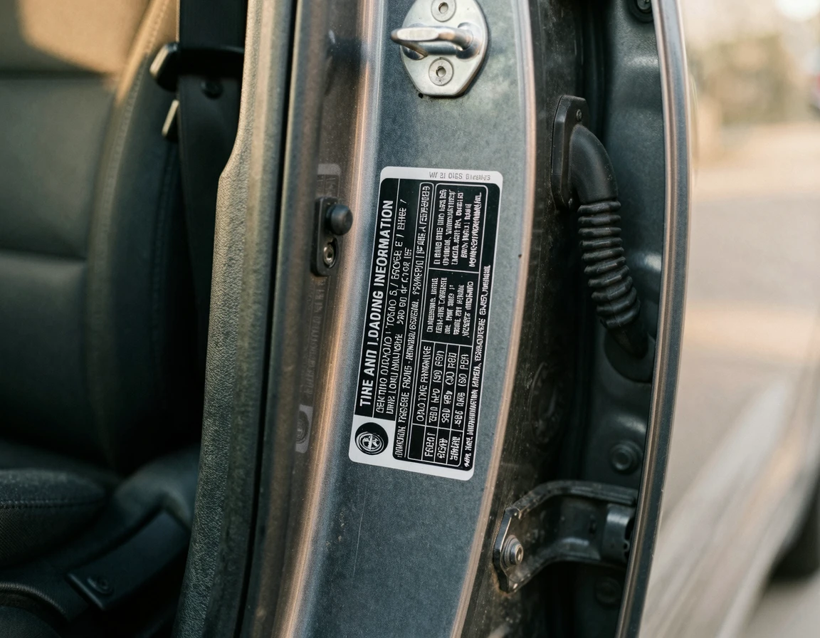 운전석 문틀에 붙어있는 자동차 타이어 표준 공기압 스티커