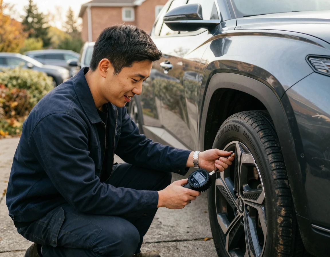자동차 타이어 공기압을 직접 측정하고 점검하는 한국인 남성