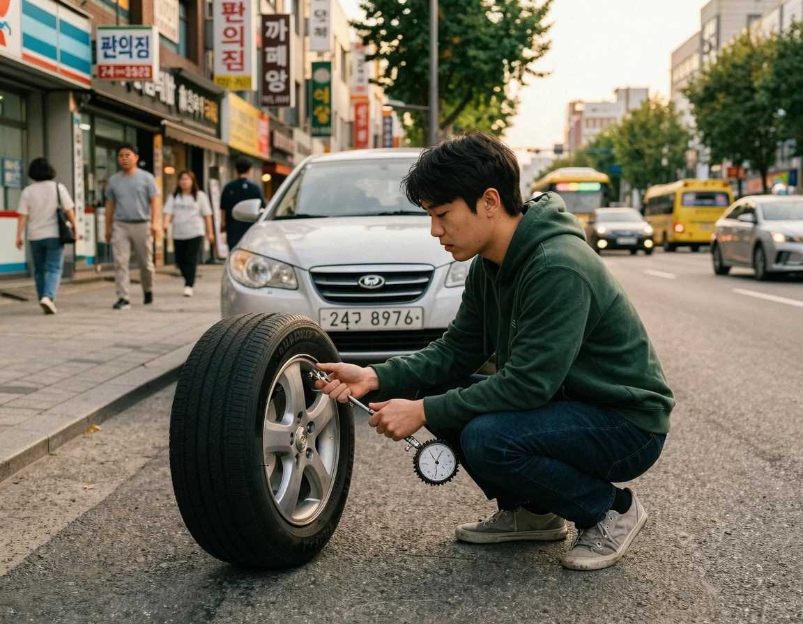타이어 공기압을 직접 점검하는 모습