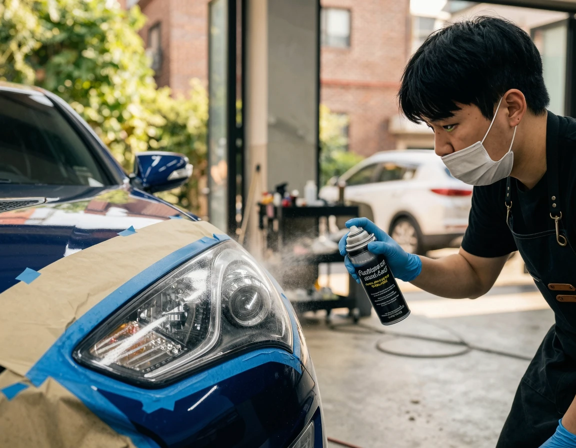 깨끗해진 헤드라이트에 스프레이 코팅제를 뿌리는 모습