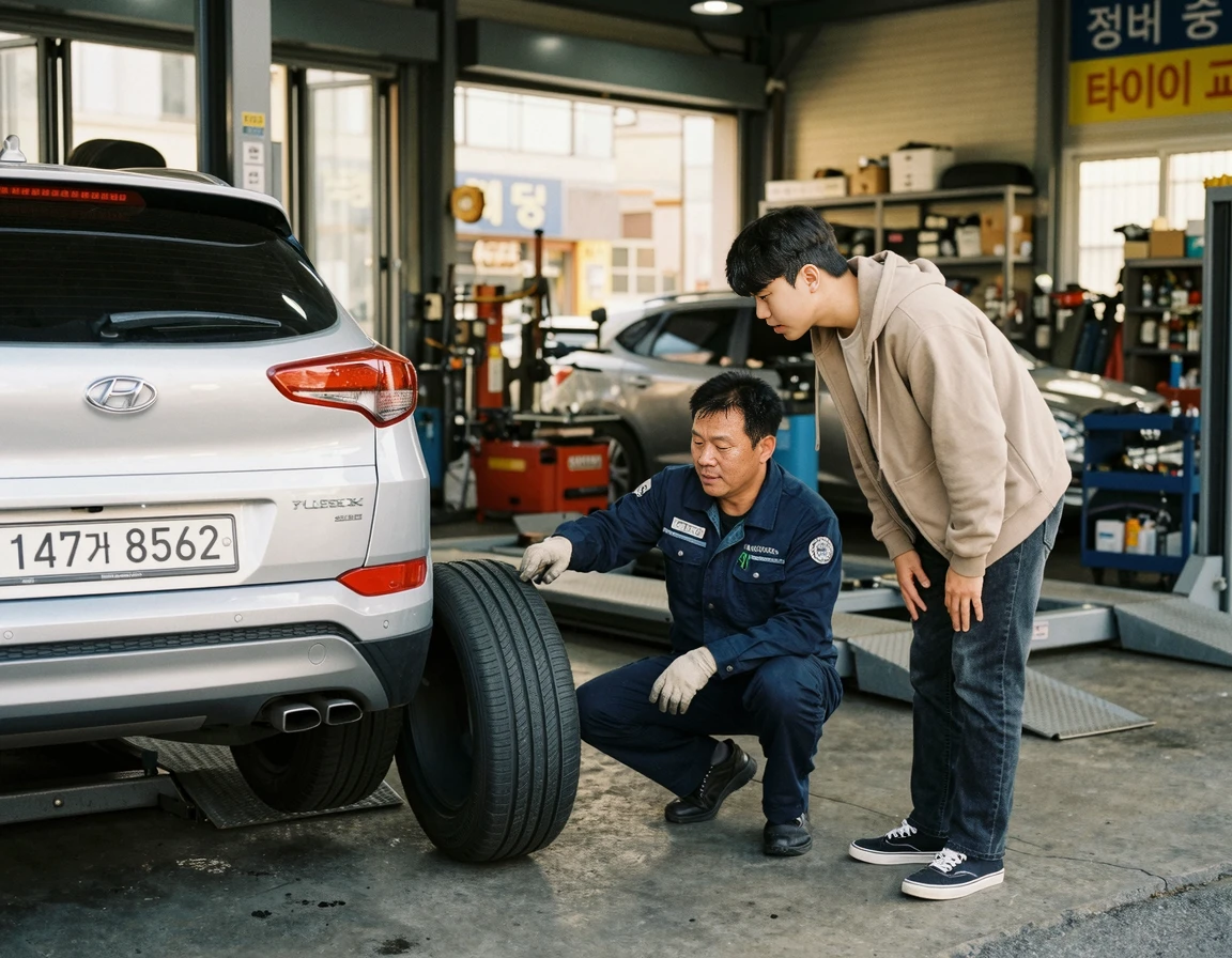 정비사와 함께 자동차 타이어 상태를 확인하는 젊은 남성