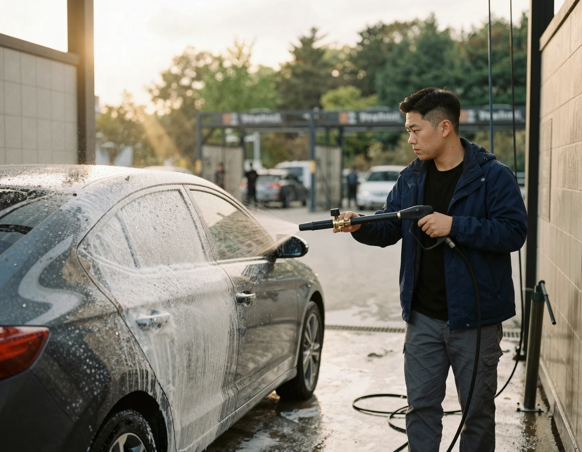 셀프 세차 고압수 거품 순서에 맞춰 폼건을 쏘는 모습