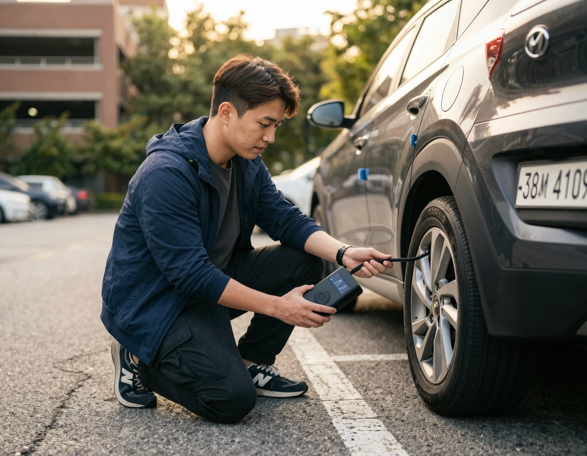 야외 주차장에서 휴대용 무선 에어펌프로 타이어 공기압을 주입하는 모습