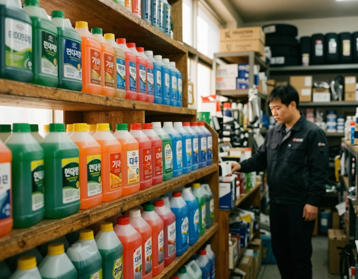 자동차 용품점 진열대의 다양한 냉각수 통