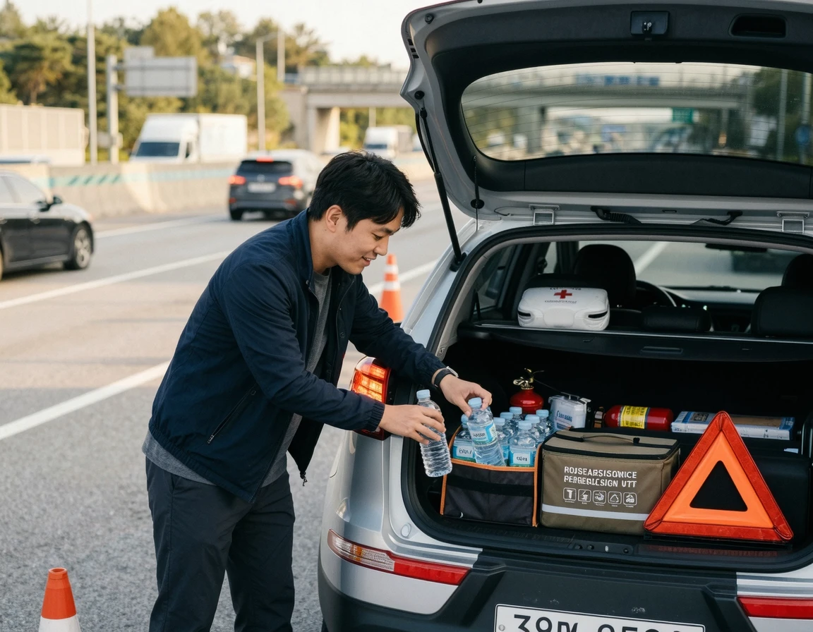 고속도로 주행 전 트렁크에 비상용품과 삼각대를 정리하는 모습