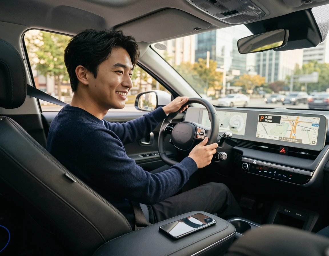 무선 카플레이를 사용하며 만족하는 20대 한국 남성 운전자