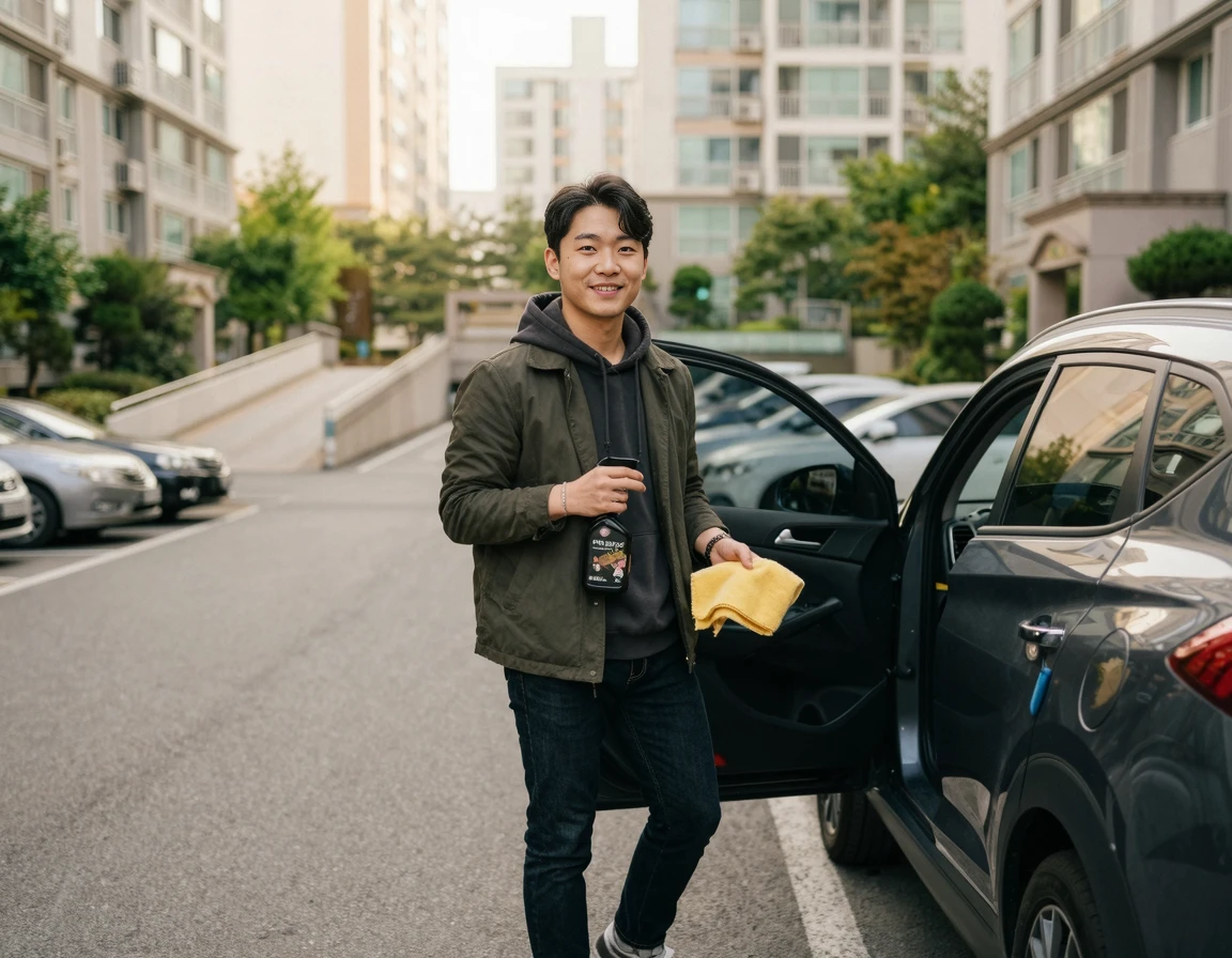 가죽 시트 클리너와 세차 타월을 들고 있는 모습