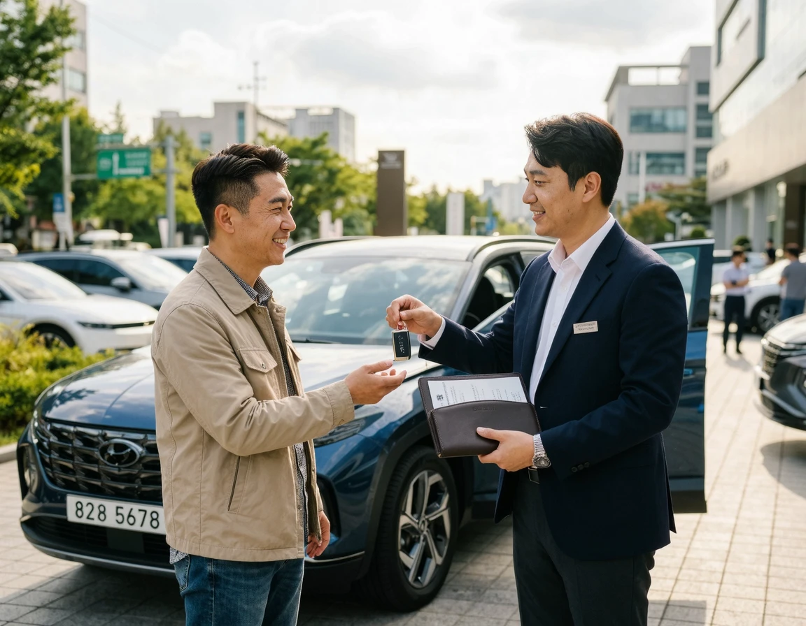 자동차 서류와 차 키를 건네받는 두 남성의 모습