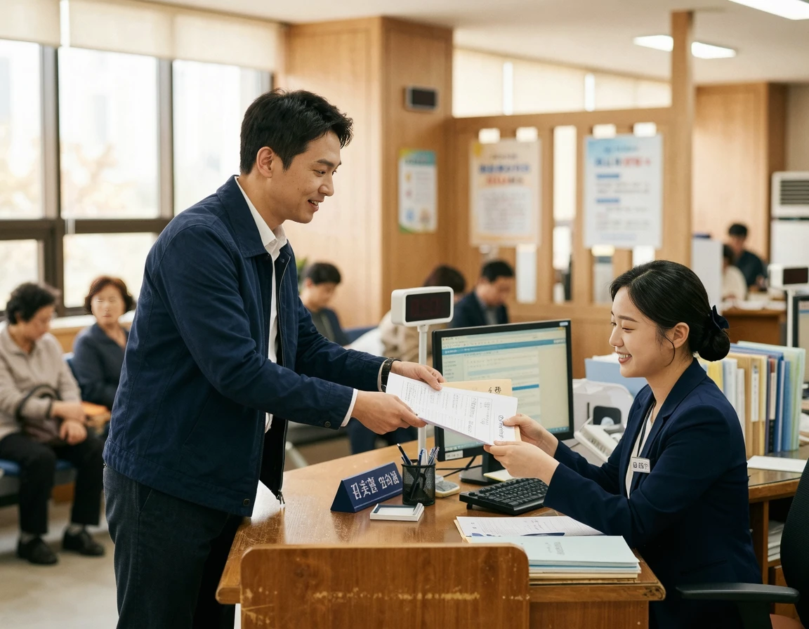 구청 민원실 창구에서 자동차 명의이전 서류를 제출하는 남성